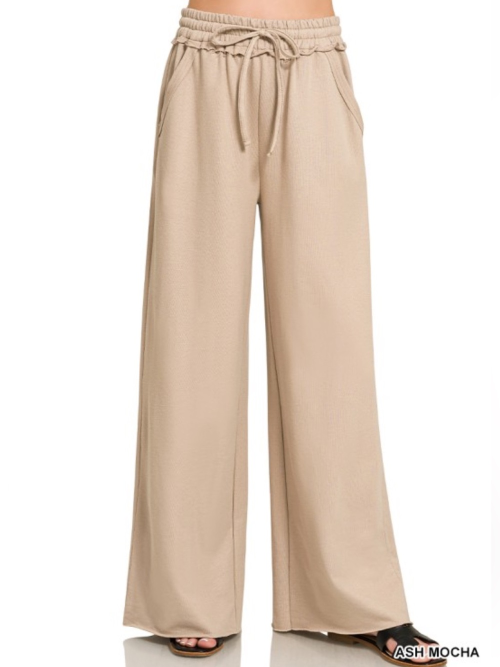 Zenana Ash Mocha Wash Cotton French Terry Wide Leg Pants